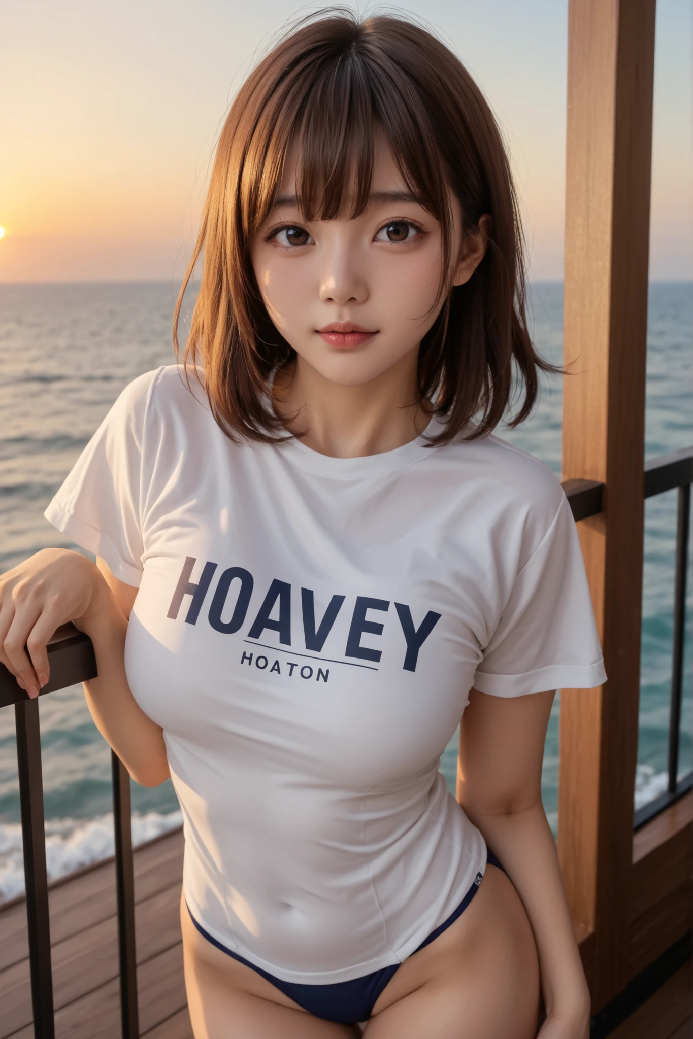 Brown-haired Japanese woman with medium hair、wet shiny skin、Navy woman wearing a tight t-shirt、peeking into the next room from a high-rise resort hotel balcony、Scenery of the sunrise shining over the ocean、big breasts、 Glamorous person 、Sensual expression with bangs、ECSTASY、sexy pose、standing、cute face、bikini