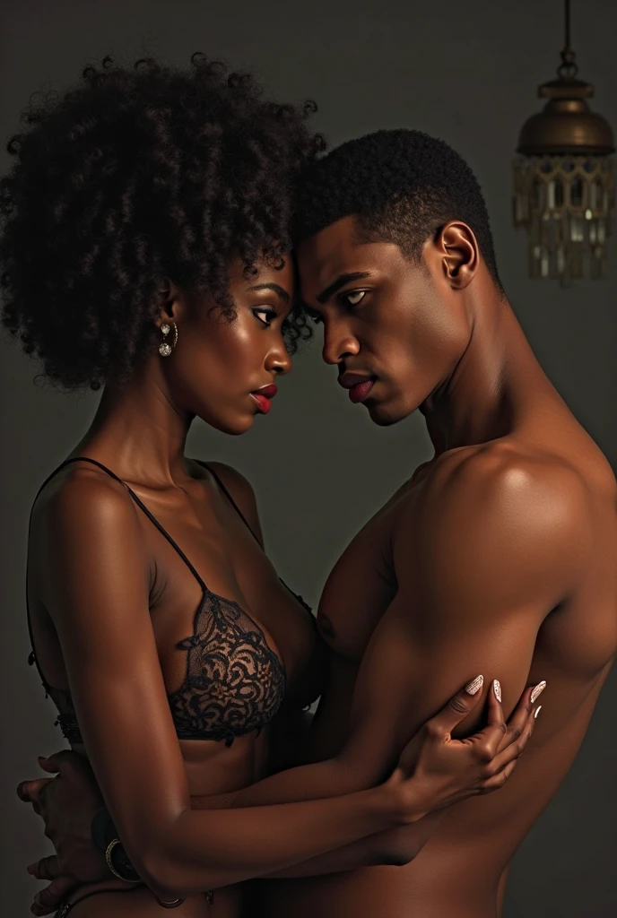 Very tall French-Nubian featured male model, relaxed curled hair style parted to the side hair, toned body, dark skin, vibrant purple eyes, tall thin toned body. Kind expression, standing behind a shorter woman, very pale skin, vibrant blood-red-maroon tussled wavy side-parted hair, that reaches to her sternum, black bra and black panties. Her expression is amused. Inside a classical French bedroom, canopy bed, low lighting.
