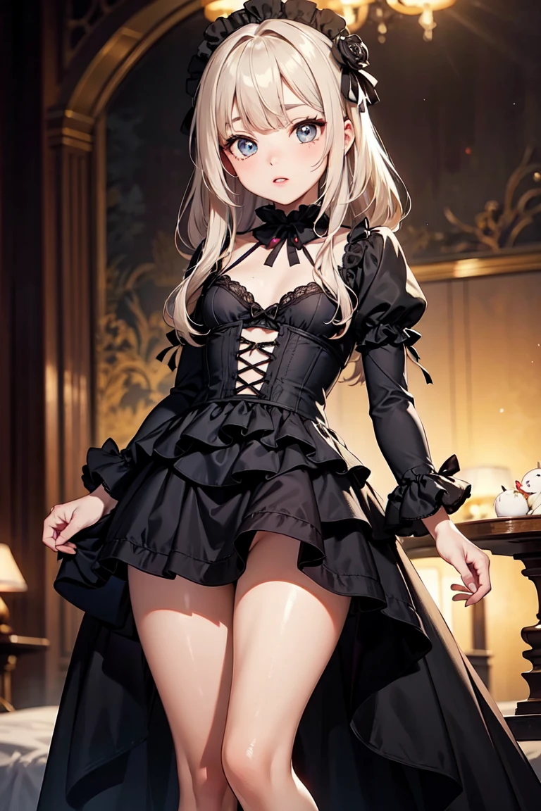 ((Sketch)), ((Watercolor)),((best quality)) ((best quality)), ((masterpiece)), (detailed), HD, Highly Detailed, 4k image, anime style, beautiful young teenage girl, 13 years old, pearly white skin, Blonde braided ponytail hair, adorable and cute facial features, golden-brown colored eyes, White French Maid Uniform, Black sheer stockings plump thick lips, tiny breasts, slender and slim toned body type, tall height(180cm), small narrow waist, wide curvy hips, plump large round ass, full body picture