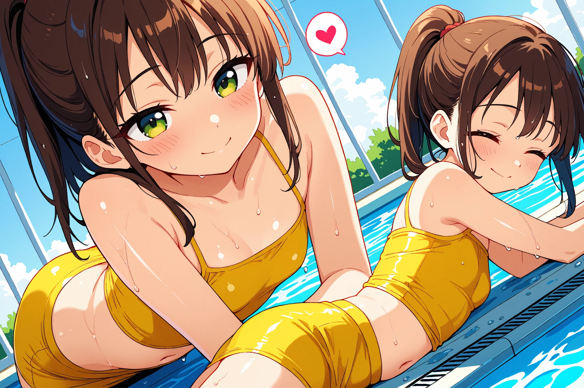 High resolution, high quality, 2 girls, anime girl, brown long hair, brown eyes,heart-shaped pupil, Green glasses, tanned skin, big breasts,beautiful breasts,,Yellow shower,Yellow squirt water, (big ass),beautiful butt,White high leg water wear,squat,(drink a lot of juice),(inflate one's stomach),(Apple juice),(peach juice),(lemonade),(lemon juice),(orange juice),(mango juice),(Binapple juice),(water),By the pool