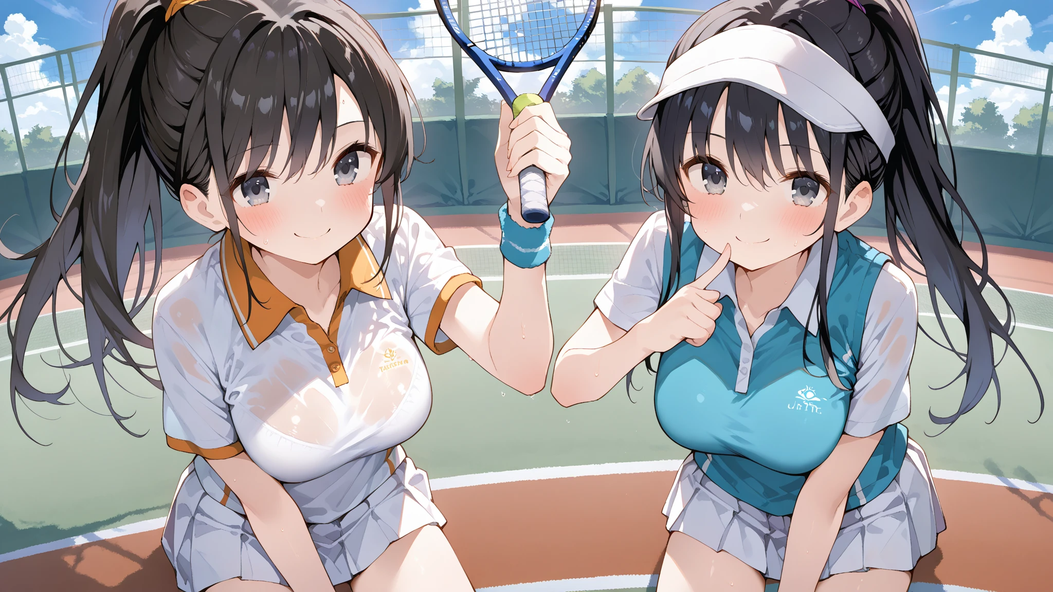 best quality,ultra-detailed,high resolution,extremely detailed CG,perfect anatomy,detailed,cinematic lighting,beautiful detailed eyes,ultra high res,(2girls:1.5),18years old,gleaming skin,oil skin,sweat,humid,trembling,strong light coming in,spot lighting,bright,revealing,nose blush,nsfw,(slut:1.2),(steam:1.2),(wet:0.8),(trembling:0.8),(drooling:0.6),(sweat:0.8),(nsfw:1.2),(Tennis uniform:1.2),(Young:1.2),Japanese,(Tennis court:1.2),large breasts,(Random Hairstyles:1.2),(Sexy pose:1.5),(full body:1.2),skirt,(Sheer tops:1.5),Shyness,(lure:1.9),(Lesbian:1.9),(Taunt:1.9)