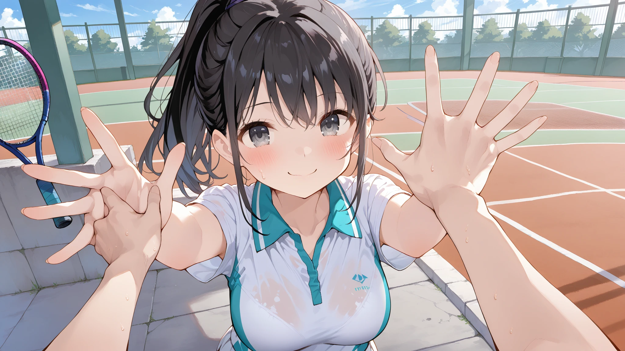 (masterpiece), (highest quality), (Very detailed), At the basketball venue, 1girl, blush, ((Lifting the uniform:1.2)), Happy, Show Viewer, Big Hair, Brown Hair, shy,((thin)) ,anxiety, blush, mischief,the body is slim,(Shiny skin), from the front, From above,ear, ((topless:1.4)),(Thighs),