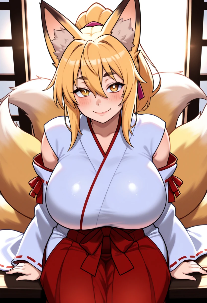 highest quality、smile、Big Breasts、Cleavage、Fox ears、Long blonde、Red Eye、kimono、Japanese-style room