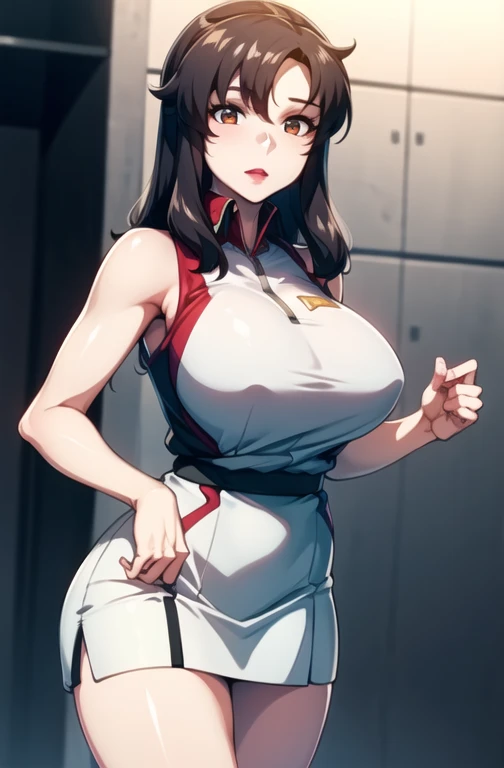 18 year old girl,baby face,brown hair,curls,Zhangzui smile,Huge breasts,Cleavage,Transparent red sleeveless top,Leave space in the middle to reveal Cleavage,Soaked all over,blush,Red eyes,female spy,red miniskirt,White gloves,White hand sleeves,White boots,Science fiction,future,Inside the robot warehouse,robot driver,He has a pistol hanging from his waist,Lipstick,Nipples exposed,Wear a mecha belt around your waist,Wear a mecha on your arm
