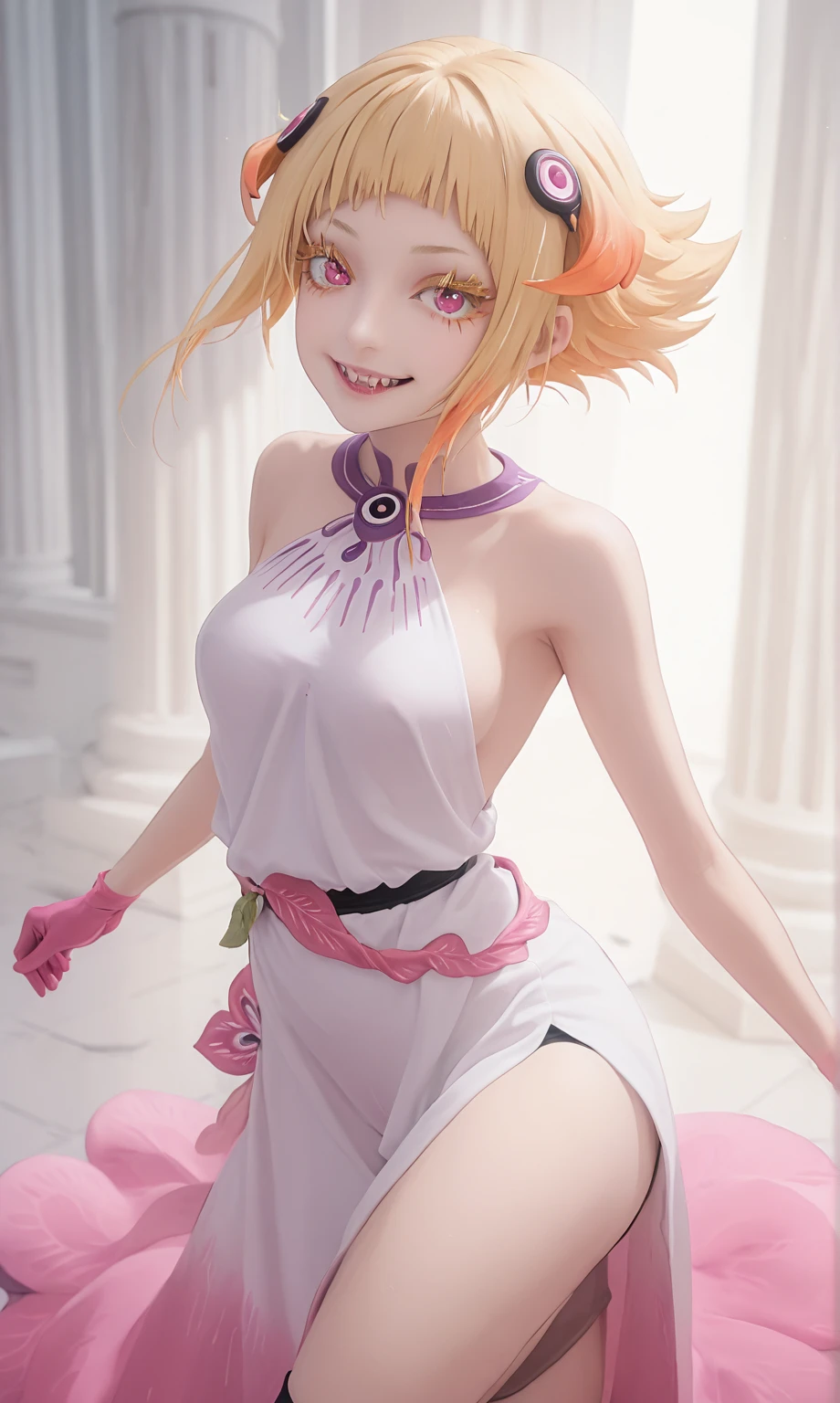 1girl, K-pop idol, Yae Yoshiko, split sleeve, bare shoulders, (sideboob: 1.45), pink hair, long hair, (ruined Japanese dress), (white dress), best quality, (photo depth: 1.3), (hair accessories: 1.35), jewelry, purple eyes, earrings, big boobs, bird eyes, cherry blossoms, lantern lights, depth of field, face focus, chest tension, bone _trim, white dress, white dress, (non-traditional perspective:1.5), Lightning Witch's bright skin, long sleeves, smile, thick lips , thighs, East Asian architecture, blurred background, full body, glowing eyes, smiling face, open shirt, bottom up, smiling face, (ulzang-6500-v1. 1:0.8), sticking out tongue, sweat, juice