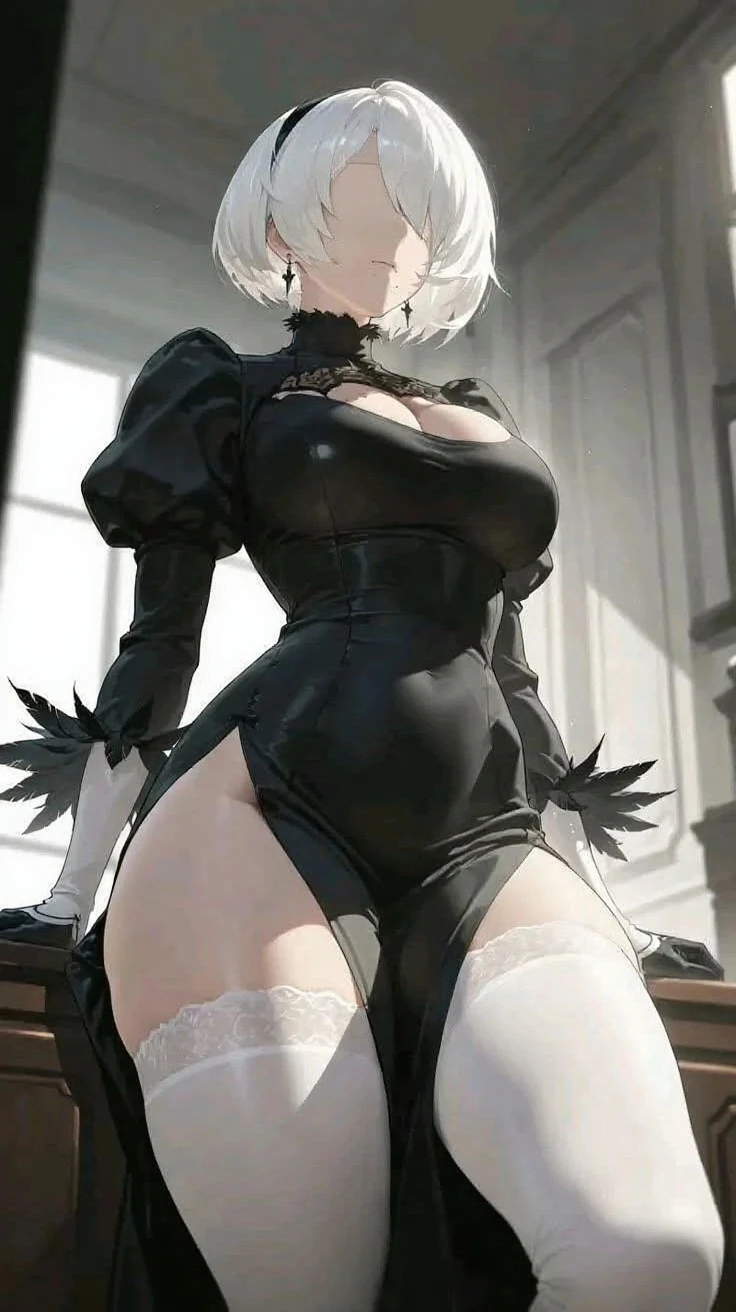 Beautiful gray hair、Short Hair、Beautiful Blue Eyes、Tube top、Cameltoe、black tights、Small breasts、Black Dress、Dark look、Sad face、Condescending expression、A low angle view of what's under her skirt
