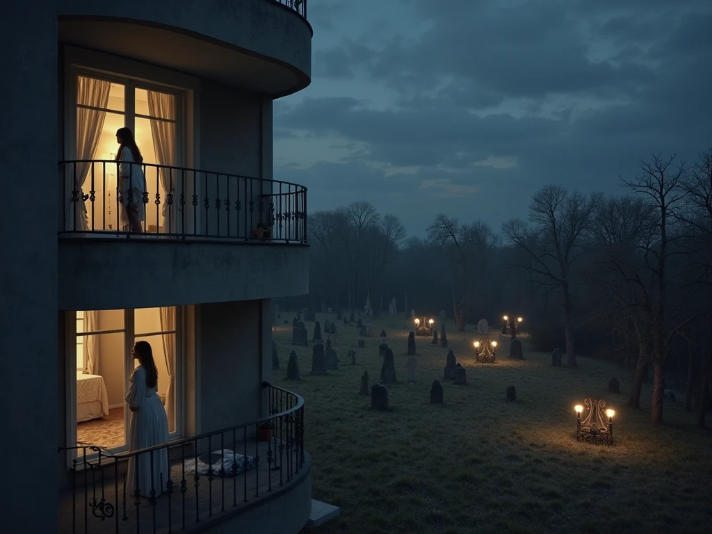 Scène nocturne (Au premier plan, une fille en pyjama short court moderne, debout dans la pénombre de sa chambre contemporaine à la fenêtre du deuxième étage d'un immeuble contemporain). (Au loin des prairies avec un cimetière, où des femmes en robes d'époque victoriennes déambulant entre les pierres tombales avec des lanternes anciennes et chandeliers en cuivre).