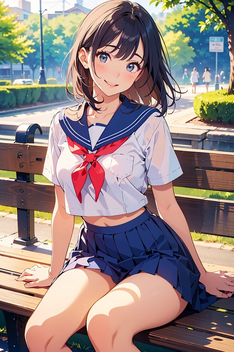 A girl wearing a colorful sailor suit, her top is short and her lower breasts are visible, her skirt is short and sexy.