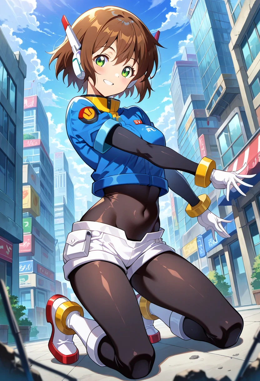 masterpiece, best quality, highres, 1girl, solo, superhero, leotard, blue and white leotard, bare legs, brown hair, short hair, brown eyes, hairband, medium hair, ribbon, boots, matching boots, blue boots, medium breasts, cowboy shot, smile, sky backdrop, haruhi suzumiya, kyoani haruhi style, sleeveless, flying, flying pose. looking at viewer, perfect arms, perfect legs, perfect hands,