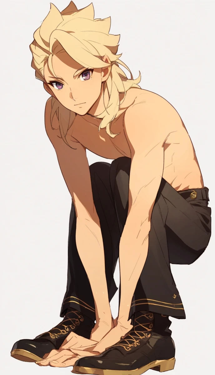 Anime boy in black leotard sitting on floor, Anime boy in white tights sitting on the floor, Anime boy with blonde tied hair sitting on the floor, 最もstrong pose, elegant floating pose, wearing leotard, dramatic floating pose, anime pose, Beautiful Boys, beautiful male, relaxed poses, Cool pose, Leotard, Thin shoulder straps, strong pose, doing an elegant pose, pretty face with arms and legs, fully body pose, neutral pose, Poses variadas