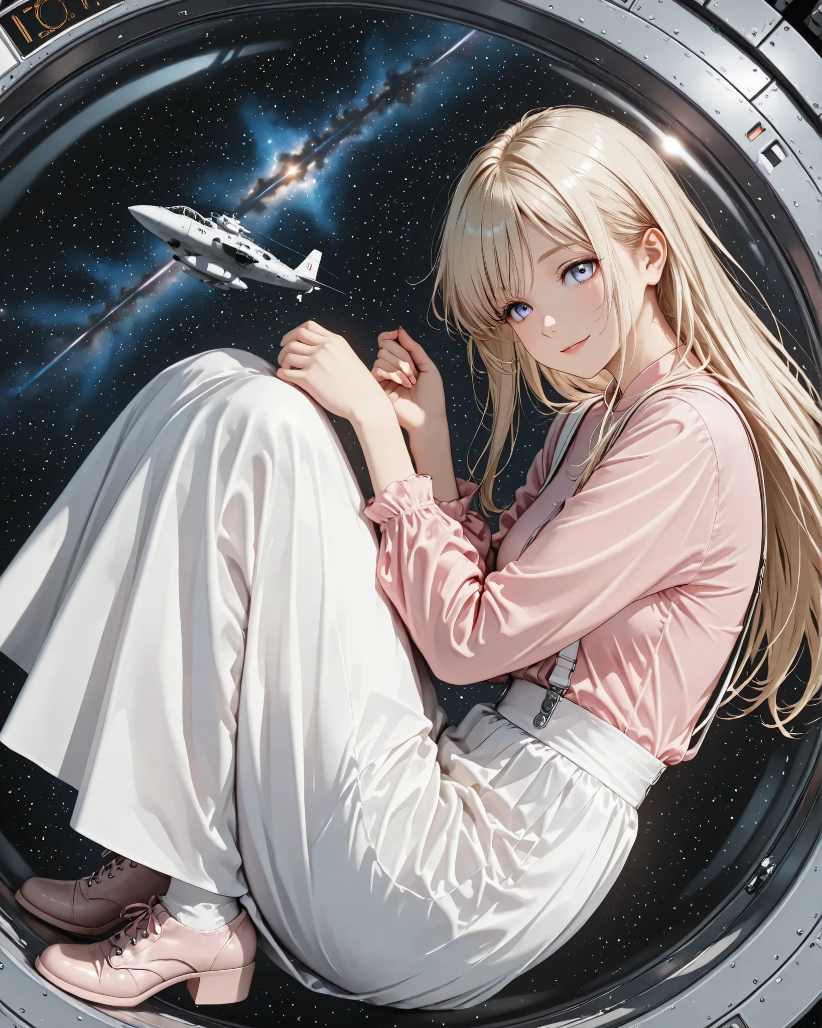Panorama,(Full body),long hair,blond Hair, model, pink shirt, white suspenders ,white skirt,clear makeup,in space ship , U.S.S. enterprise