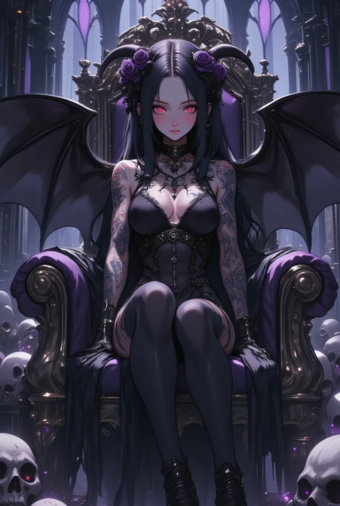 (masterpiece), (best quality), 1girl, devil, girl with devil horns, dark fantasy, dark theme, ancient castle, black dress, sexy, sitting on the throne, girl with black wings