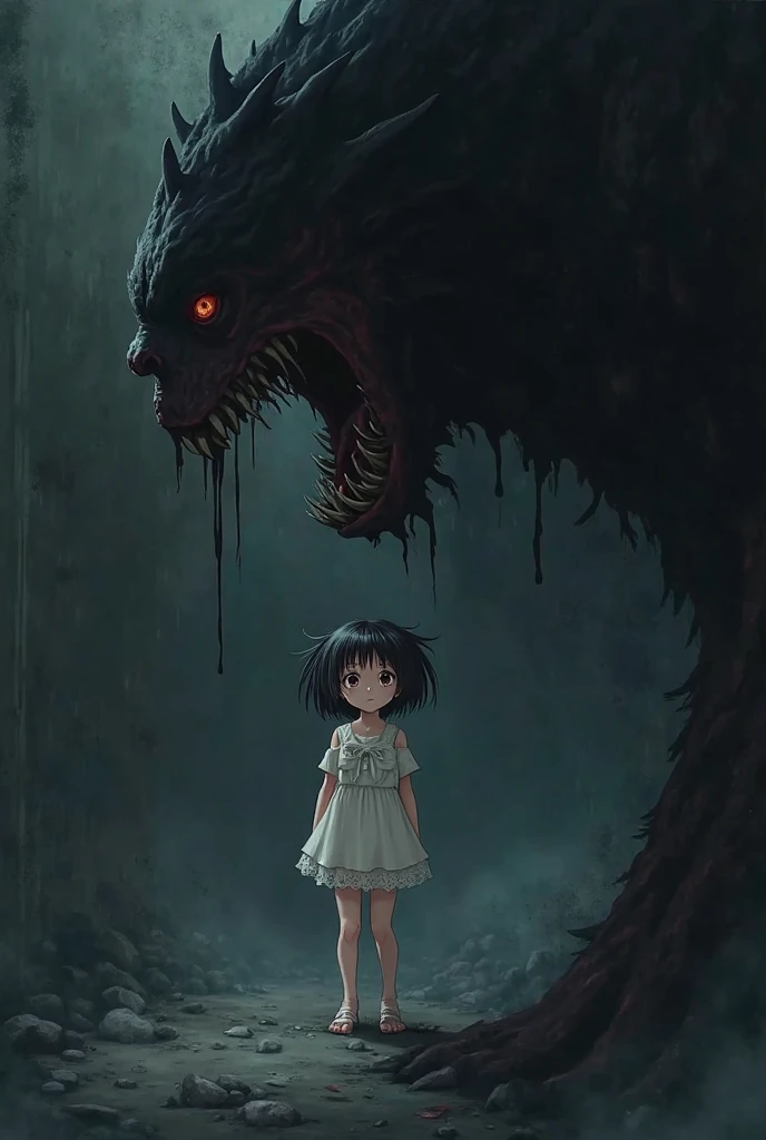Anime style illustration of a Japanese girl being attacked in an alley by ancient demons
