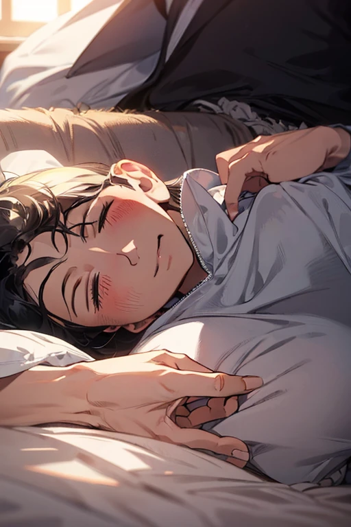 22 year old boy, laying on the bed, looking at the phone with a joy expression on his face, phone lights hits his face, the bedroom is well lighted
