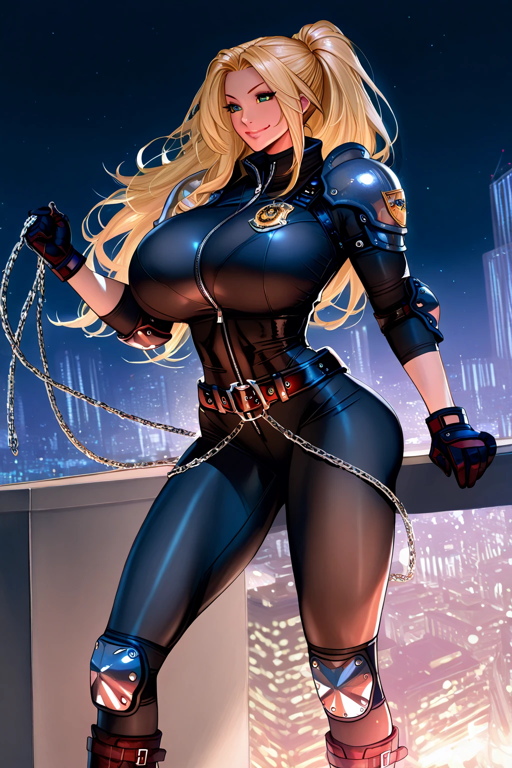 1girl, solo, (masterpiece:1.6, best quality), Generate an image of Sydney Sweeney portraying the character of Black Cat from Marvel Comics, long hair, lips, blonde hair, blue eyes, smile, large breasts, shiny breasts, domino mask, solo, cleavage, bodysuit, black bodysuit, cowboy shot,  8k, insane details, intricate details, hyperdetailed, hyper quality, high detail, ultra detailed, professional, HDR, ray tracing reflection, cinematic lighting,
