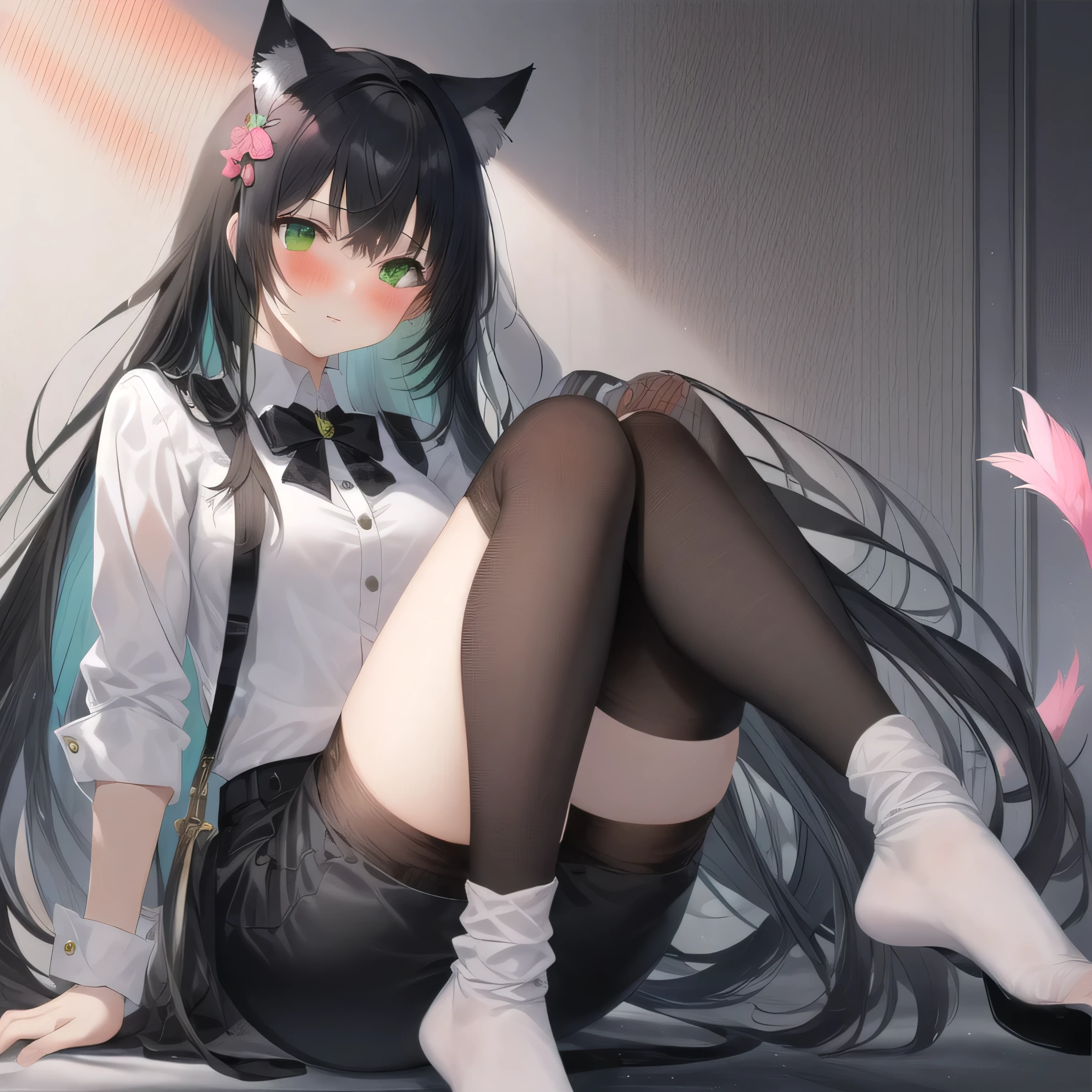 1 girl, sitting, socks, no shoes, looking at viewer, smiling, sitting on floor, ((black socks)), (sketch:1.25), best quality, (((perfect feet))), multicolored hair, high res, masterpiece, supersharp,