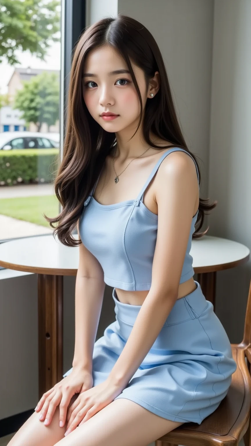 highest quality、highest quality、(Woman with perfect body)、((Push your butt back))、Stand with your feet apart(Big Ass、Narrow waist、Beautiful feet)、Tight mini skirt、bikini tops、,20-year-old, Brown Hair, Medium Hair, Asymmetrical Hair, Wavy Hair, (Pretty face:1.2)、Highly detailed face, Highly detailed lips, double eyelid