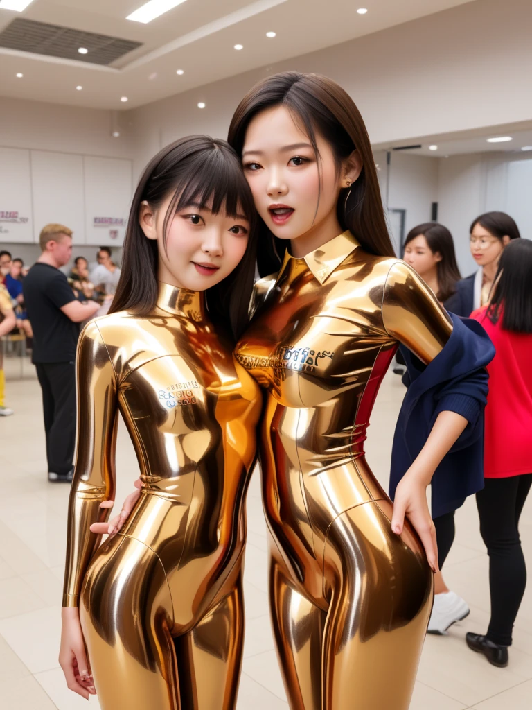((top-quality、masterpiece:1.3)), fullllbody, long legged, foco nítido:1.2, Cute everyone in her 20s with perfect body shape smile:1.4, A slender、abdominals:1.1, ((dark brown hair、hugetits:1.2、Gold Latex Leotard:1.7、Gold Latex Long Gloves:1.7、Gold Thigh Boots:1.7、Looking at the camera、Seven people standing side by side with smiles on their faces:1.4)),(Big city at night、On the roof of a building:1.4) Highly detailed facial and skin texture, A detailed eye, 二重まぶた、hugetits、You can see up to your feet、Lightning strikes from the sky