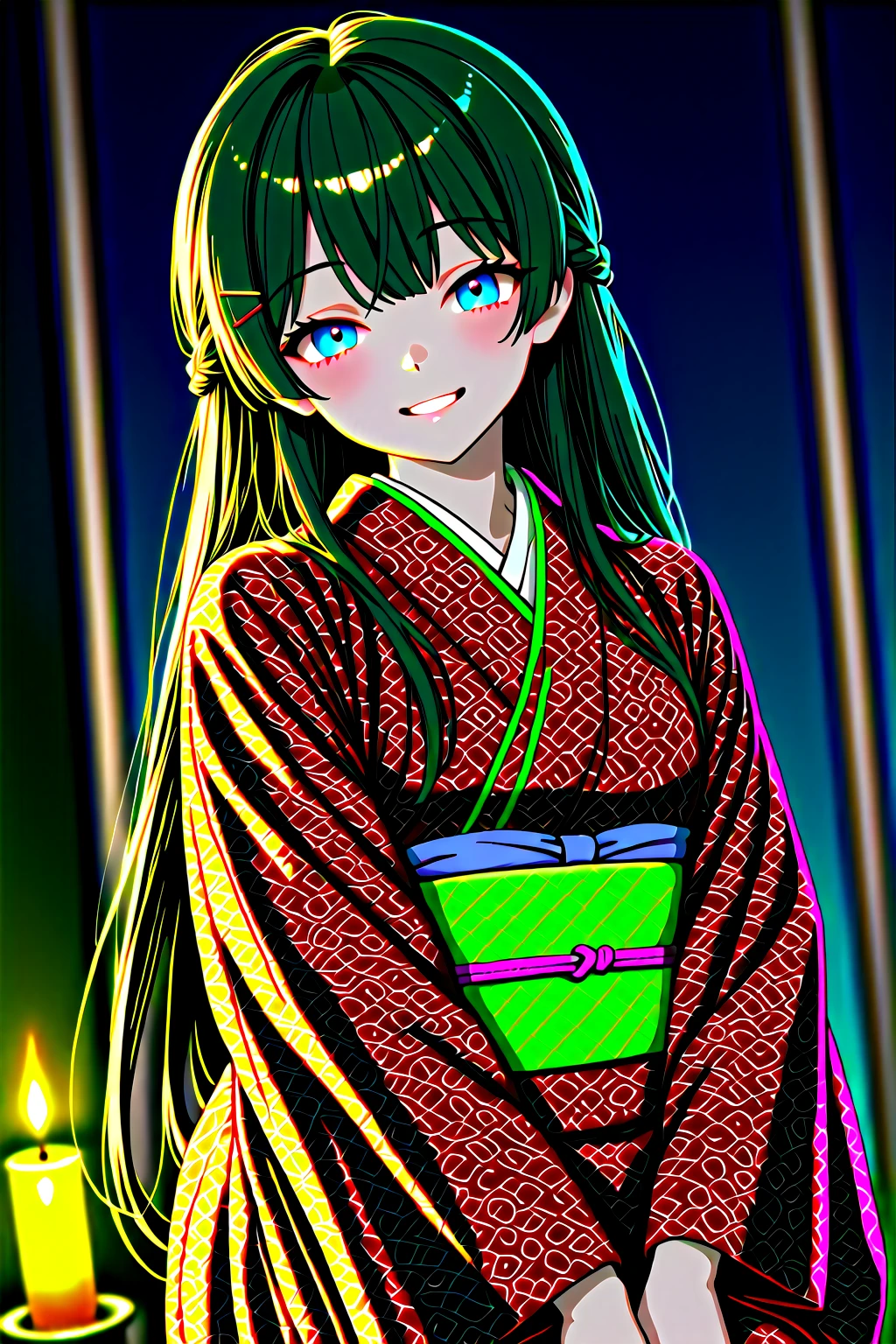 Greatest Masterpiece、Tsuki no Mito(Nijisanji)、Kimono(Beautiful red and yellow pattern)、Long Black Hair、laughing、A beautiful face illuminated by candlelight、Open the fusuma and take a peek at us、High Quality、8k、beautifully detailed background、Clear、
