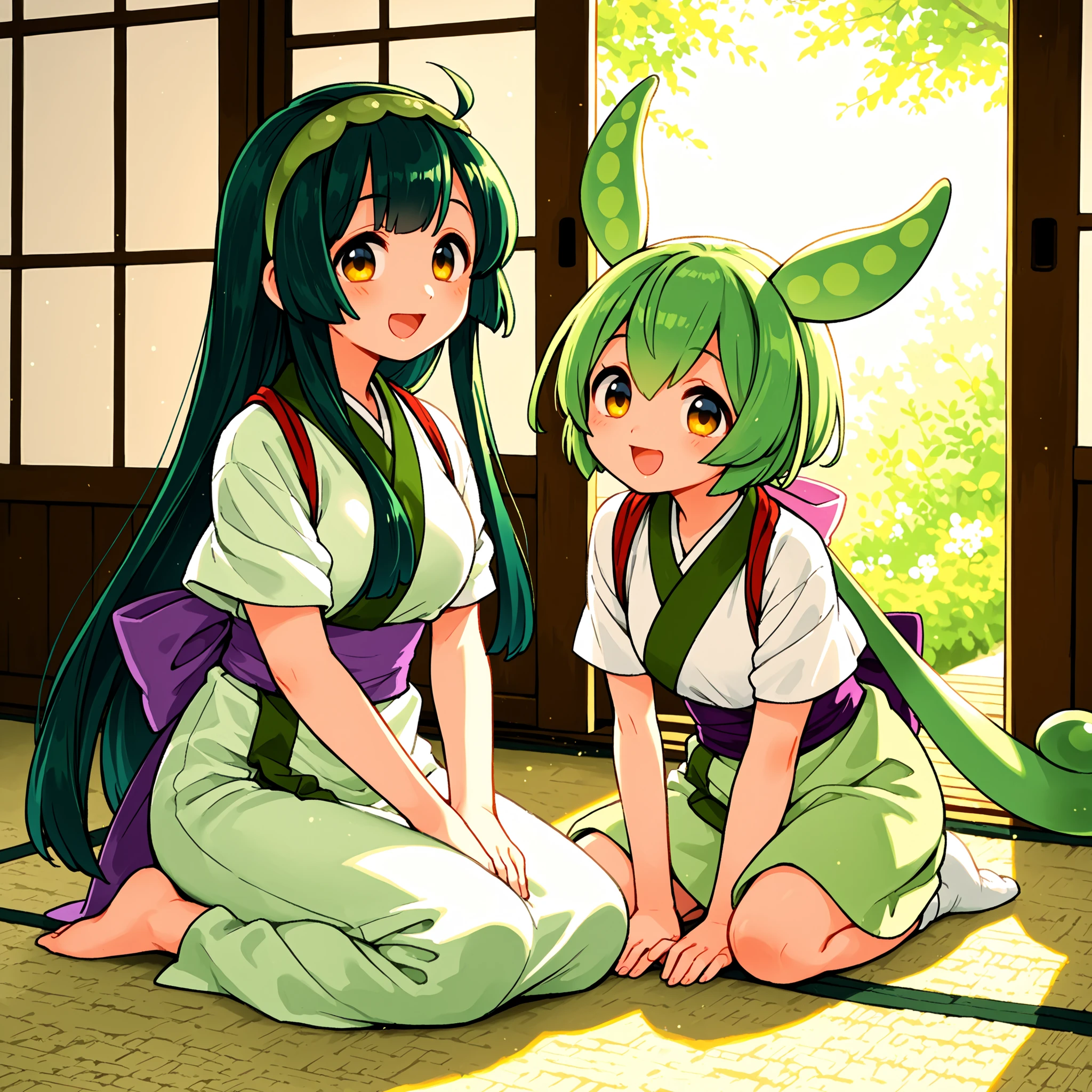 Tohoku Zunko,zundamon,TWO GIRLS,high resolution,smile,smiling,top quality,sitting