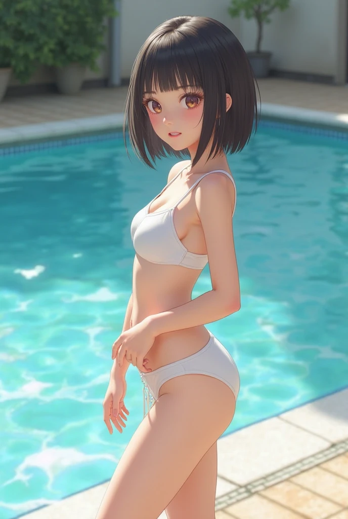 (4K,masterpiece,Highest quality),Cowboy Shot,Buckshot,(At the school pool),(Simple Background),short hair,Medium Hair,Long Hair,Brown Hair,Detailed face,A light smile,shy,(All pages (Two Japanese women)),(3):1.2,Slender body,Detailed skin,Beautiful Eyes,Mid-chest,Beautiful Hips,(Micro Bikini),Lean forward,Recall,Stick your butt out,