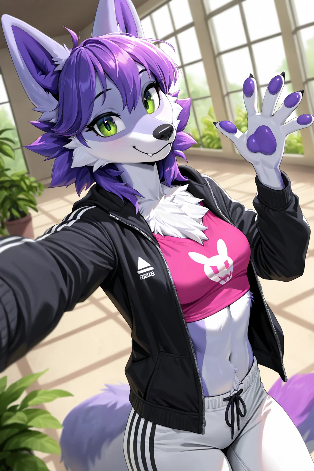 score_9,score_8_up,score_7_up,score_6_up,score_5_up,score_4_up, Lynx, purple fur, purple eyes, anthro, long hair, wavy hair, purple hair, eyeliner, eyelashes, black eyeshadow, furry art, cheeks tuft, hips tuft, shoulder tuft, male focus, femboy, finguerless gloves, cute fangs, kemono, shota, neck fluff, fluffy neck, claws, black nails, sitting, evil smile, digitigrade, pajamas, solo focus, stockings, leg wamers, bedroom background, covered nipples, bulge, fluffy tail, 3d, blender software, paws, pawpads, paw pose, crop top, navel,
