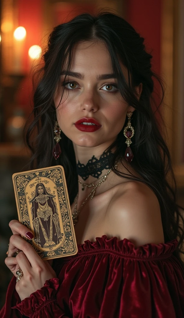 Make looks like a fortune teller woman, with tarot cards, crystals and candles.