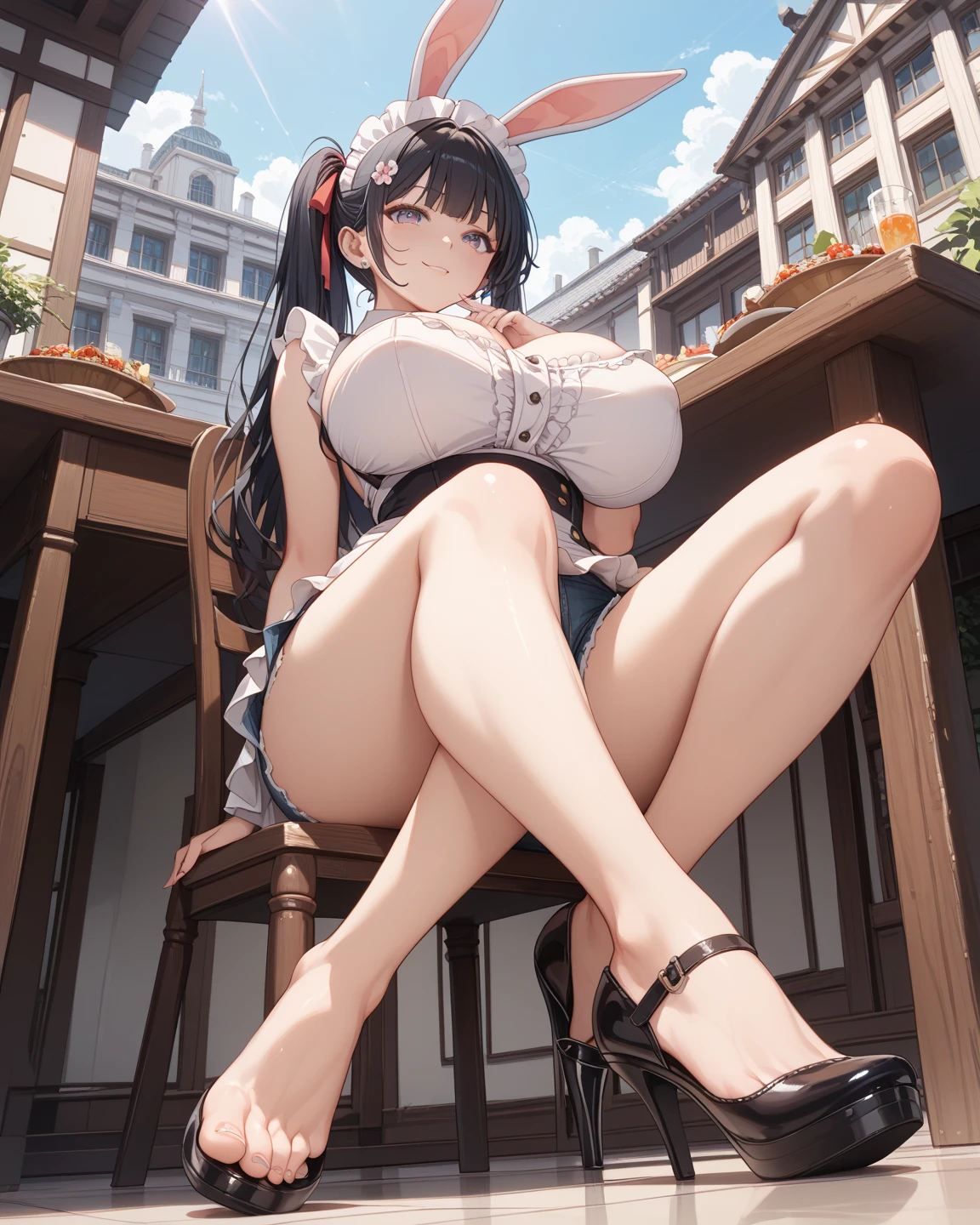 Erotic manga、Manga style、High resolution、Focus on people、Ecstatic expression、Half-naked bunny girl spreads her legs and shows off her sexuality in a casino、Perfect proportions、Cowboy Shot、Very large breasts、Fatty legs、Sweaty、Hasan of Tranquility