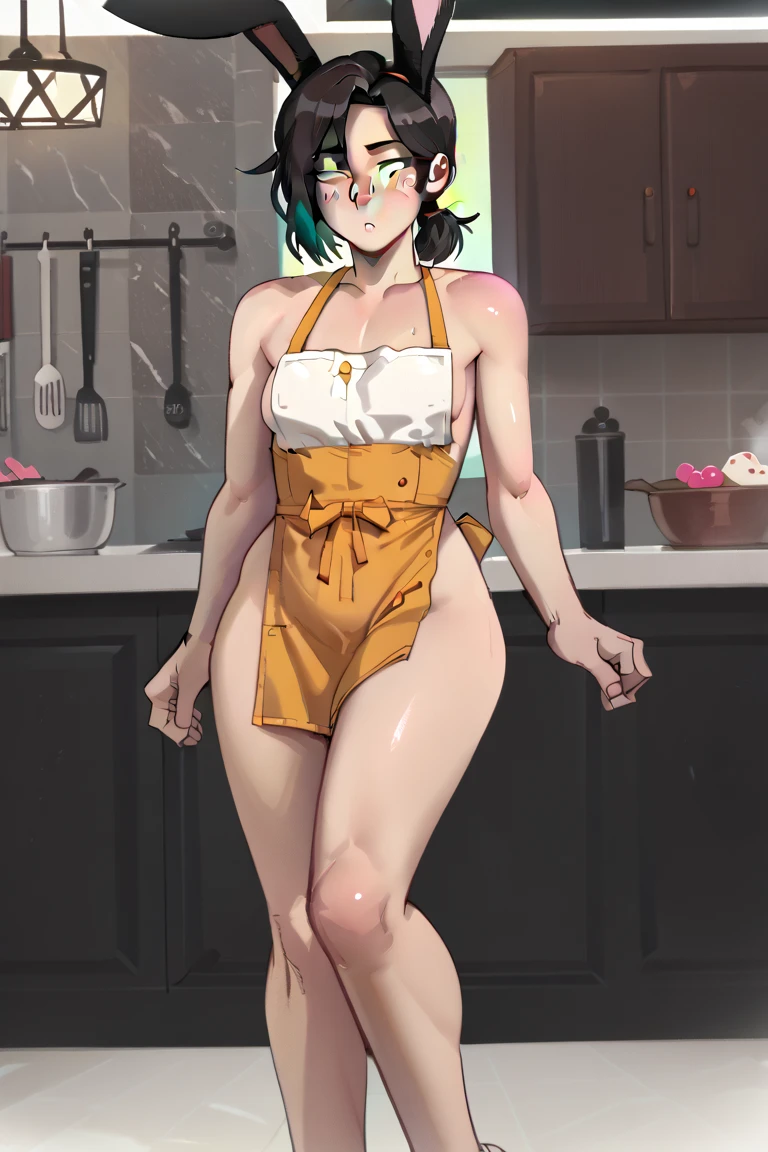 (Best Quality, Masterpiece),sexy mommy, Front cover of a women's cooking magazine, , naked, erotic, 18+, nsfw, 1girl, 30 years old, stunning, cute, heartwarming smile, hourglass figure, super mini bikini, pinny apron, beautiful food, text, diagrams, advertisements, magazine title, short green hair, green eyes