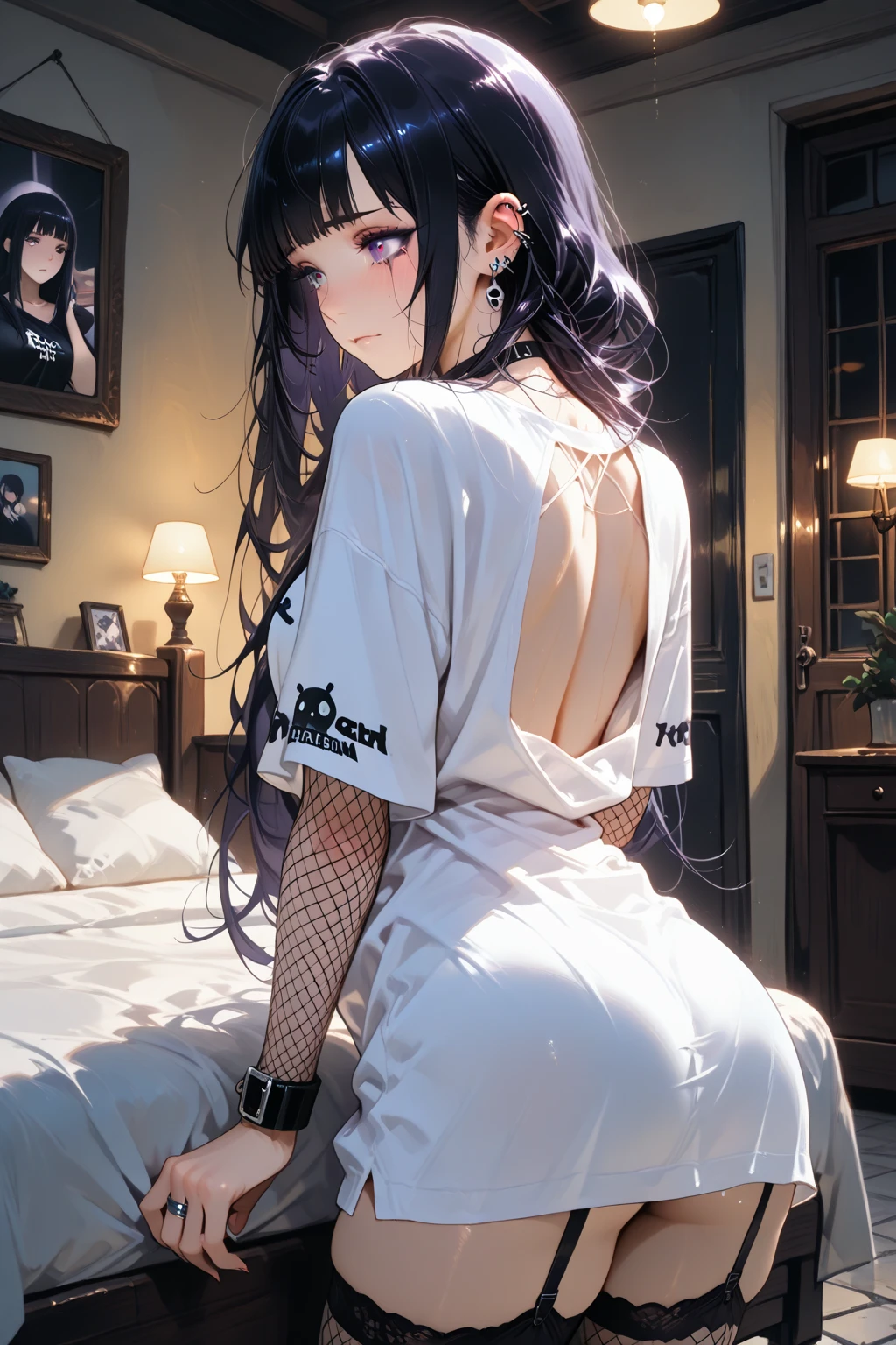 ((bed)), ((bed room)), (((night))), (((darkened room))), teenagers girl, one girl, thighs, (sweat), (wet skin), ((erotic)), ((sensual)), (Wall in background), (simple background), (Close-up of a girl), warm color scheme, Extremely exquisite body, beautiful detailed glow, cinematic lighting, 4K illustration, masterpiece, best quality, by top artist, by famous artist, by plo artist, (((Highschool Swimsuit(simple), (dark blue), (one-piece Type), (backstraps), (tight-fitting)))), ((Authentic shiny skin texture)), ((Soaked skin)), ((radiant skin)), (simple standing girl), (behind back viewpoint), (view from behind), (Perspective from behind)