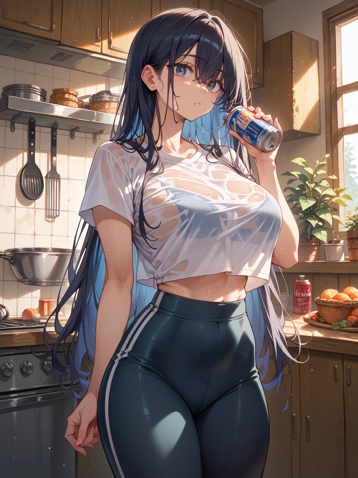 ((masterpiece, best quality)), very aesthetic, ultra detailed, intricate details, highly detailed, UHD, HDR, 8K, perfect face, 1girl, 21's style, long black hair, hair covering one eye, blushing, shy, large breasts, standing on cafe, (newest anime art style), fit, ripped, abs navel, abs lines