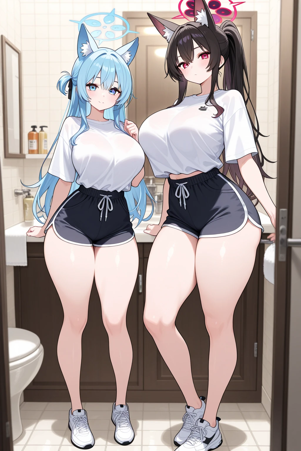 nsfw,1 girl,Solo,(blue hair),black hair,red eyes,long hair,Tsurime,Curvy,best quality, very aesthetic, absurdres,straight,masterpiece, best quality, very aesthetic, absurdres,v arms,Thighs,cowboy shot,Embarrassing, have_to_pee,pantie,illustration,knees_together_feet_apart