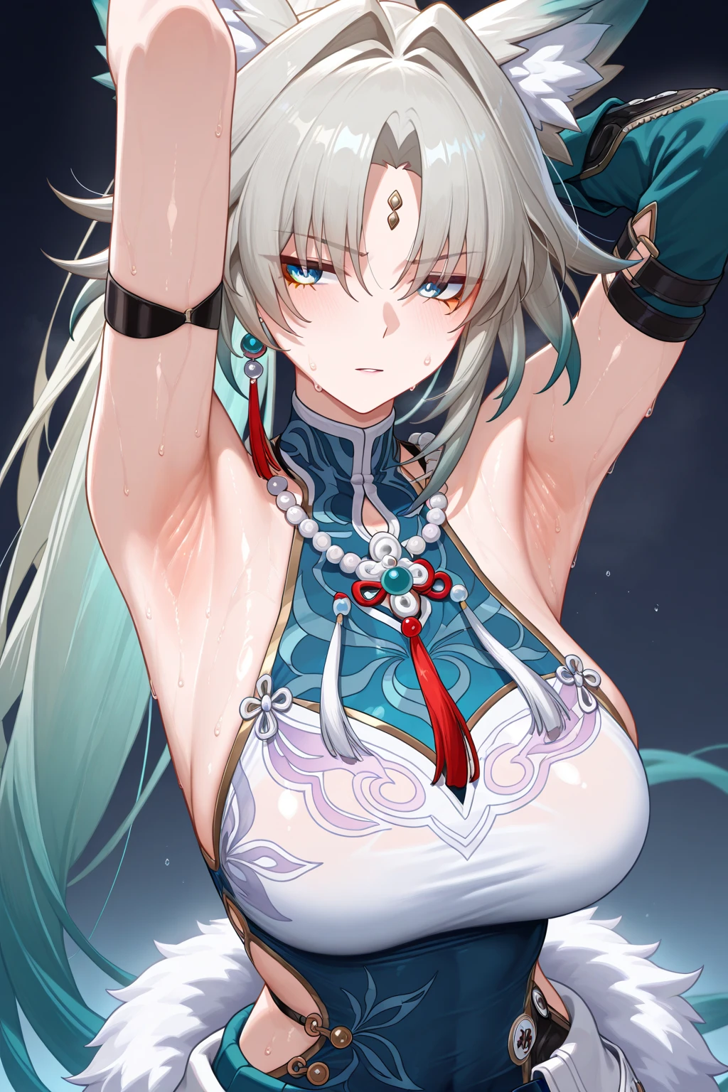 solo、1 person、Yamato（one-piece）、Taking pictures secretly、Sideboob、armhole、From the side、Nipple peek、Yamato、Ahoge、Light blue hair、Brown eyes、カールしたhorn、Earrings、Green Hair、Grey Hair、hair ornaments、Hair Stick、High ponytail、horn、Long Hair、Multicolored Hair、多色のhorn、ghost、赤いhorn、Shimenawa、Side Lock、V-shaped eyebrows、非常にLong Hair、、No arms、No shoulders、Hakama、kimono、rope、Shimenawa、Sideboob、No sleeve、No sleeveの着物、