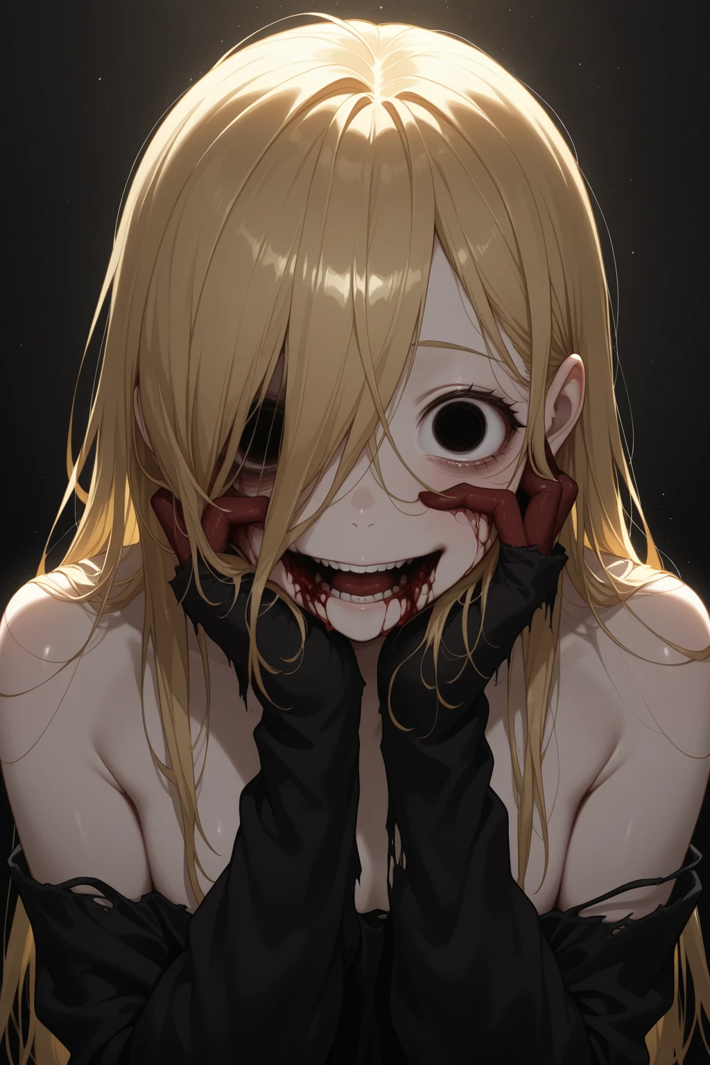 (masterpiece:1.2, Highest quality), (Actual Photos, Intricate details), (1 female, alone,whole body、 Small breasts) ,Scary atmosphere、Distorted facial expressions、Blood splatter、Cuts on the face、burns on the face、whole body、Punk Fashion、Long Hair、Long bangs、Twin tails、Black Hair、(((Dark circles under the eyes)))、Pale skin、Feeling unwell、Pathological、Wicked Smile、Evil Eye、(Grin)Dramatic makeup,Create mixed media art、White Background
