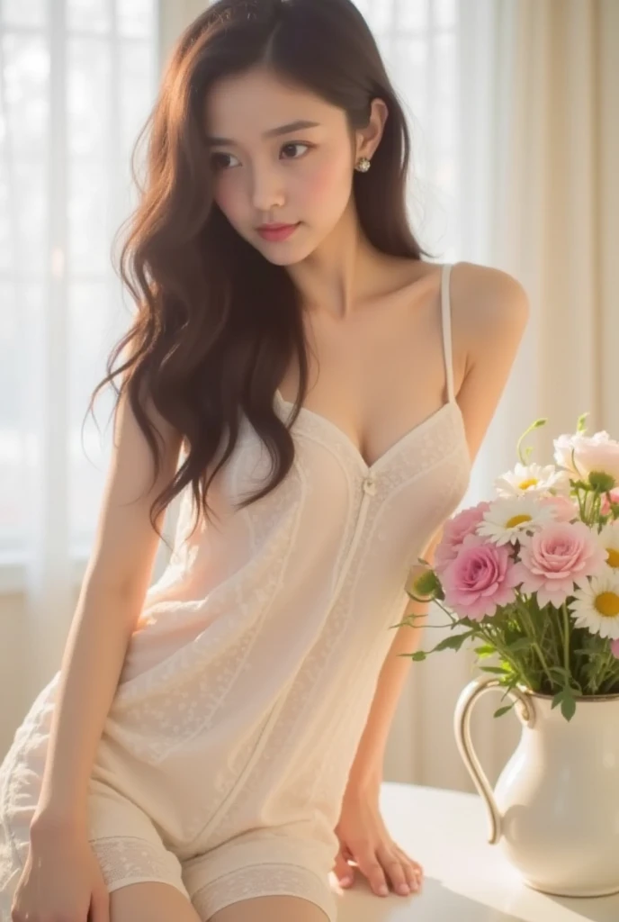 Shiny orange hair, orange eyes, rose and white, sakura leafs and rose petals, vivid colors, white dress, paint splash, simple background, ray tracing, wavy hair