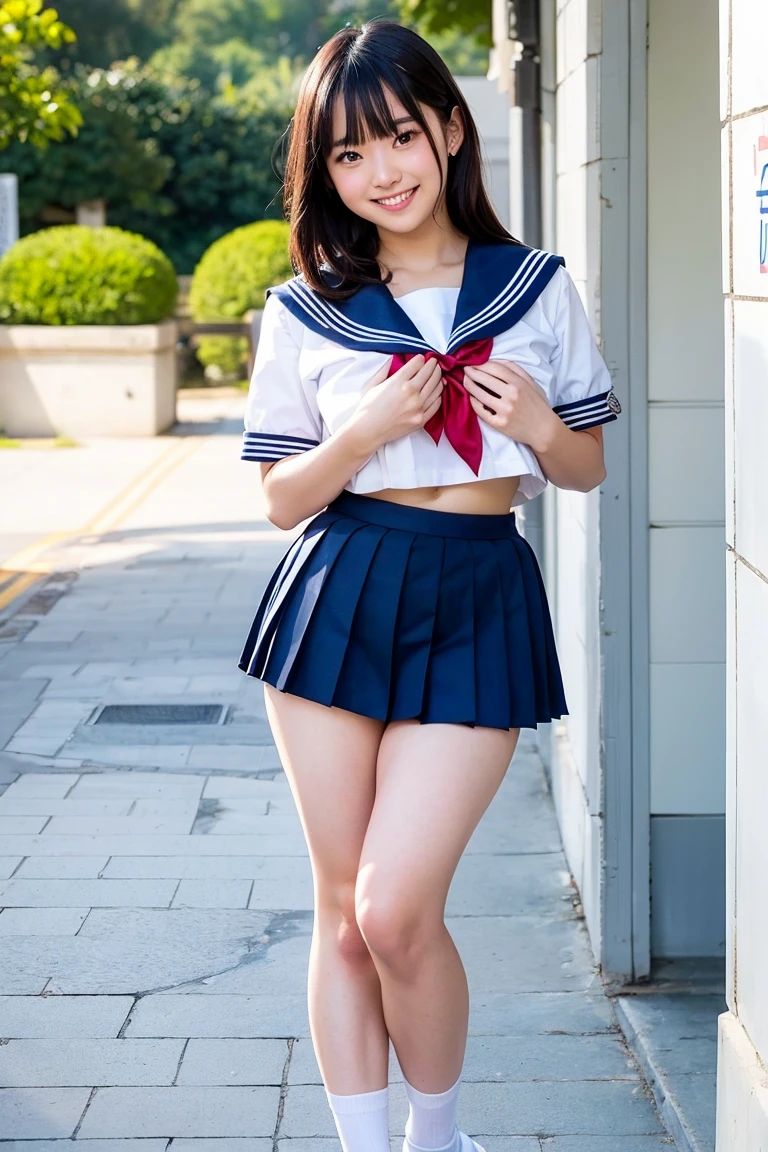 arafed asian woman in a sailor suit sitting on a chair, wearing japanese school uniform, japanese school uniform, japanese girl school uniform, Cute Schoolgirl, Seifuku, White Sailor Uniform, s summer clothes、Navel out、Long live both hands、Half-sleeved、loose、White underwear、Light blue sailor uniform, a hyperrealistic schoolgirl, of a schoolgirl posing, camel's toe、Wearing school uniform, poneyTail、bare leg、19-year-old
