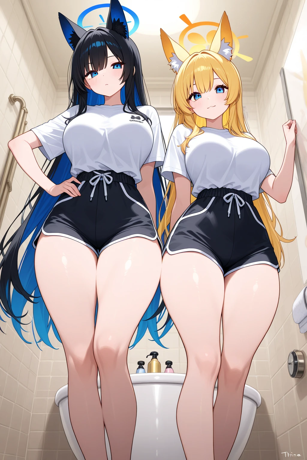 (Very high quality, detailed, masterpiece, from behind) An image of a full body pregnant girl with a round belly, long hair, very big breasts and a bubble butt. She's standing barefoot with her hands on her belly. She's wearing a sports bra, very thight shorts and glasses.