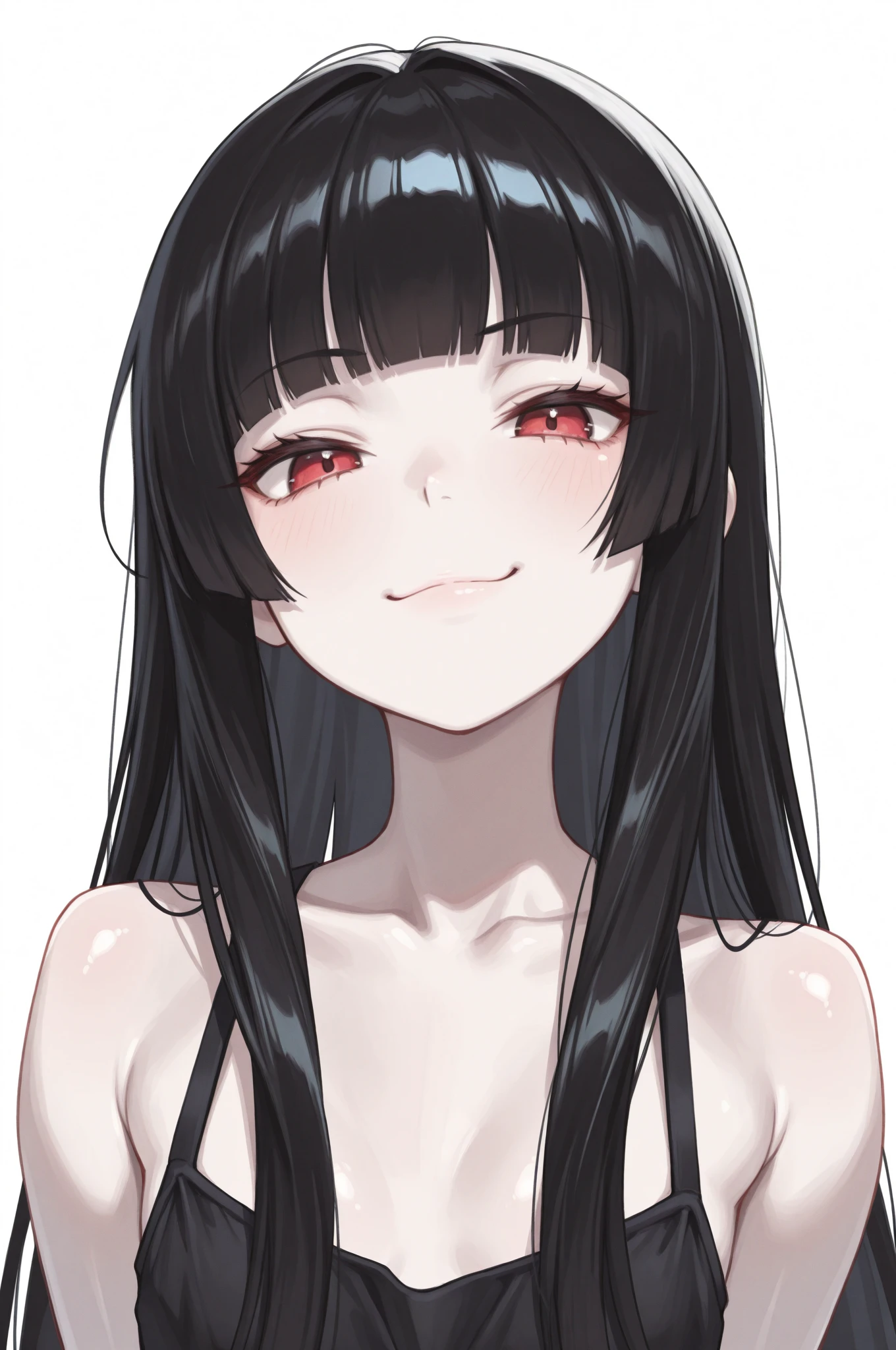 Girl, flat chest, pale white skin, black eyes with red shine, black medium hair, split bangs, black wool clothes, eerie, slightly opened mouth, smile, snow background.