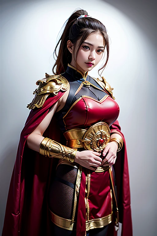 Illustrate Karma in her Conqueror skin from League of Legends by Riot Games, dressed in regal, red and gold armor with a fierce expression, have massive k-cups, standing in a grand arena with cheering crowds and battle banners.