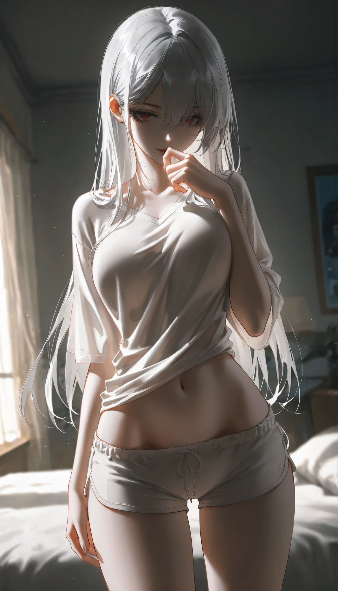 1girl, pillow humping, crotch rub,
from side, dress,, masterpiece, best quality, highly detailed, See-through white shirt