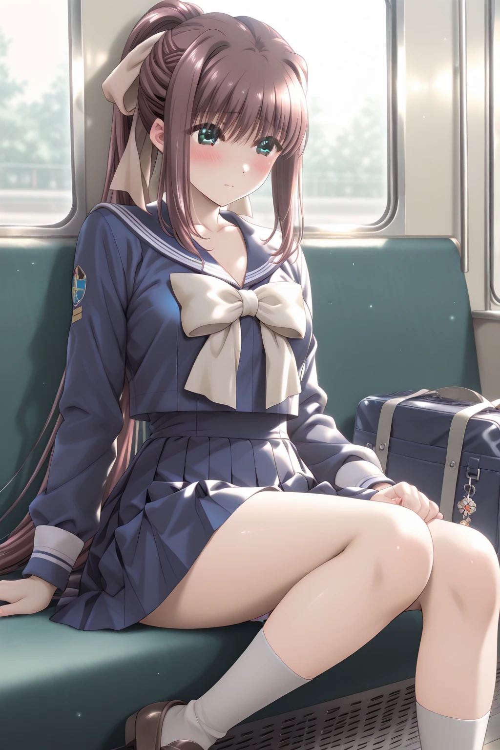 grass wonder \(umamusume\) on the train ((1 person)) Upper half length sleeve white sailor uniform Lower body navy blue miniskirt((White panties are visible)) black socks sneakers sitting on the seat spread your legs a little I can see white panties dynamic angle Low angle from the front