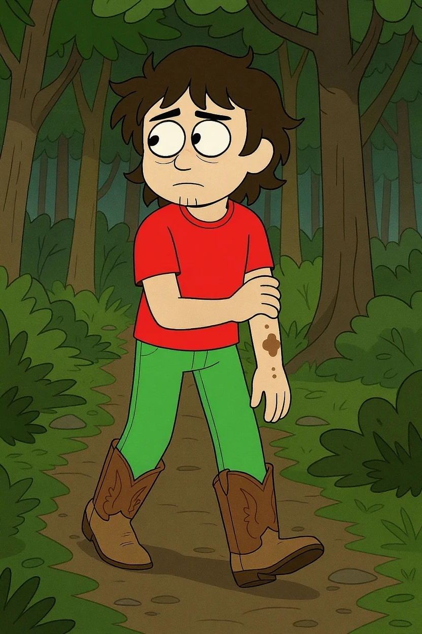 shaggy rogers, tank top, relaxed, outside, standing, bushes, bottomless, legs together, long penis, eyes looking down,, tree, shade, blue sky, white thong, ill-fitting thong, wardrobe malfunction, thong splitting at seams, shoes, no clone, thong on ground, loose threads