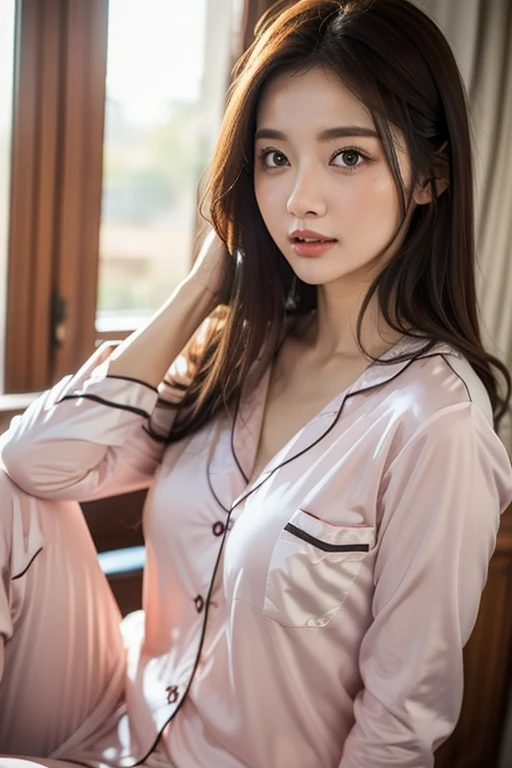 highest quality, masterpiece, Ultra-high resolution, (Realistic:1.4), (Close-up portrait) RAW Photos, 1 girl, 22 years old,((Whitening))Slender body,Medium Chest,((In pajamas)),((nightcap hair),((Tie your hair)),((Looking up at the audience)), Realistic pictures,((Smiling with teeth showing)),
