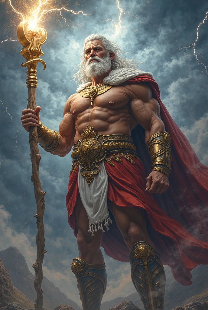 A hyper-realistic, half-body portrait of Zeus, the King of the Gods, exuding power and divine authority. Zeus is depicted with a robust, muscular build, showcasing his broad shoulders and strong chest. His skin is weathered yet vibrant, reflecting both his agelessness and his dominion over the heavens. His long, flowing hair and thick beard are a striking silver-white, with individual strands meticulously detailed, shimmering as they catch the light. His stormy blue eyes are intense and penetrating, filled with the power of the skies, giving the sense that they could summon thunder at any moment. He is dressed in a regal, flowing toga, draped across his body with a golden clasp at the shoulder, revealing part of his powerful chest. The fabric is textured, with intricate patterns that symbolize his reign. In one hand, he holds a scepter topped with an eagle, and in the background, faint, swirling clouds hint at his control over the weather, adding a sense of divine energy to the portrait."