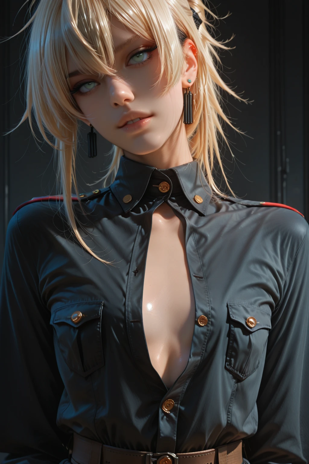 8K, Top Quality, Intricate Details, Ultra Detail, Ultra High Resolution, Masterpiece, close up shot, (full body: 1.1), Slender, Smile, (Makeup: 0.4), ((,)), (Fluffy blue Eyes: 1.21), (()), 1girl, solo, 1 girl, ((cammy white, blonde hair, bangs, short hair, blue eyes, antena hair, abs, scar on cheeks )), close up shot, , ((tall)), (((fit body))), (((slim face))), sharp face, (( )) , (detailed face), sharp face, small lips,  ((abaya,)), , ((abaya)), detailed face, detailed breast,((abaya)) , ((detailed nipples)), detail ass, Narrow Waist, Skinny, tall , 175 cm tall, Muscular, Navel, Exposed Abdomen, Pointed Chest,, Beautiful girl with accentuated slender abs: 1.4, Six Pack Abs: 1.4, Bust Botox, Big, Perfect Body, detail leg, (( dark background)), black background,