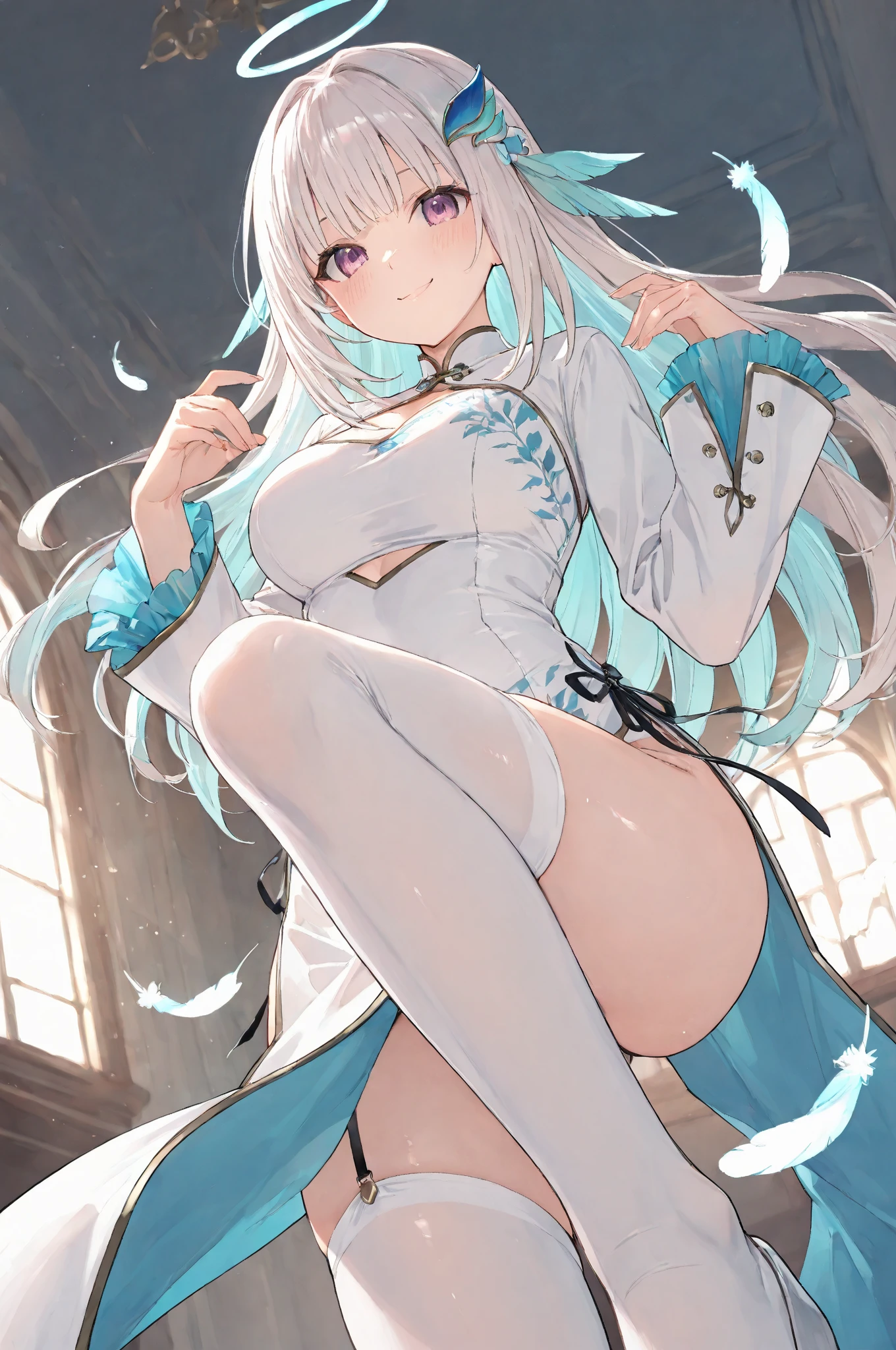 (masterpiece, Highest quality:1.3), (超detailed:1.2), (hyperRealistic:1.3), (RAW Photos:1.2), High-definition RAW color photos, Professional photos, (PhotoRealistic:1.4), (Realistic:1.4), Professional Lighting, Perfect Anatomy, (Big Breasts:1.1), (blush, detailedな顔), (smile:1.5), Flat lighting,elevation,sexy,A beautiful woman with supple curves,((Highest quality)), ((masterpiece)), (detailed),sexy,A beautiful woman with supple curves,((Highest quality)), ((masterpiece)), (detailed), One girl,Silver Hair,Long Hair，((Dark Skin)),Wear light blue high heels,Spread your legs,Crouching pose,sit,Starry Sky，cloud，２０Old woman，Look away,Light blue garter belt on leg,Wearing lace light blue knee-high socks,Fox ears,naked,((NFSW)), Sensual pose, erotic,