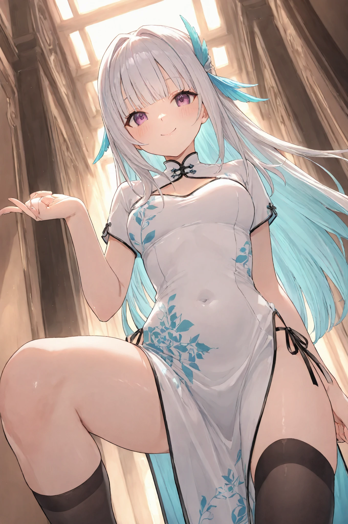 anime girl, beautiful blue eyes, beautiful pink eye shadows, tied up long white hair, in a white qipao with beautiful deep blue designs, bare legs, fair skin, legs raised, wearing white panties, beautiful chinese room backround, 8k, high resolution, good anatomy