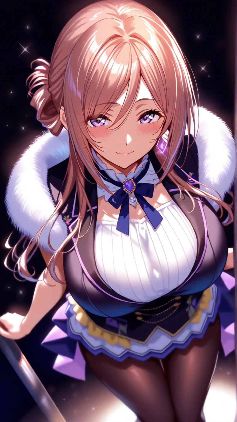 highest quality、All limbs、full finger、Slender beauty、straight hair、brown hair、Dereste、green, white and purple idol costume、white panties、high socks、beautiful big breasts、live stage、sing、dancing、big smile、I'm seducing you
