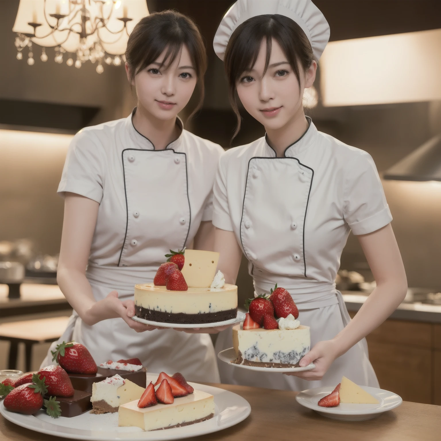(top-quality、masterpiece:1.2)、Best Quality、realisitic、photoshot、hight resolution、1080p、8K、Textured skin、Physical Rendering、1 Japan Girls、High school students、kawaii、Young Face、Rolled hair、With smiling eyes、Lively、(patissier:1.5)、Cake shop、full of shyness、smil、Big