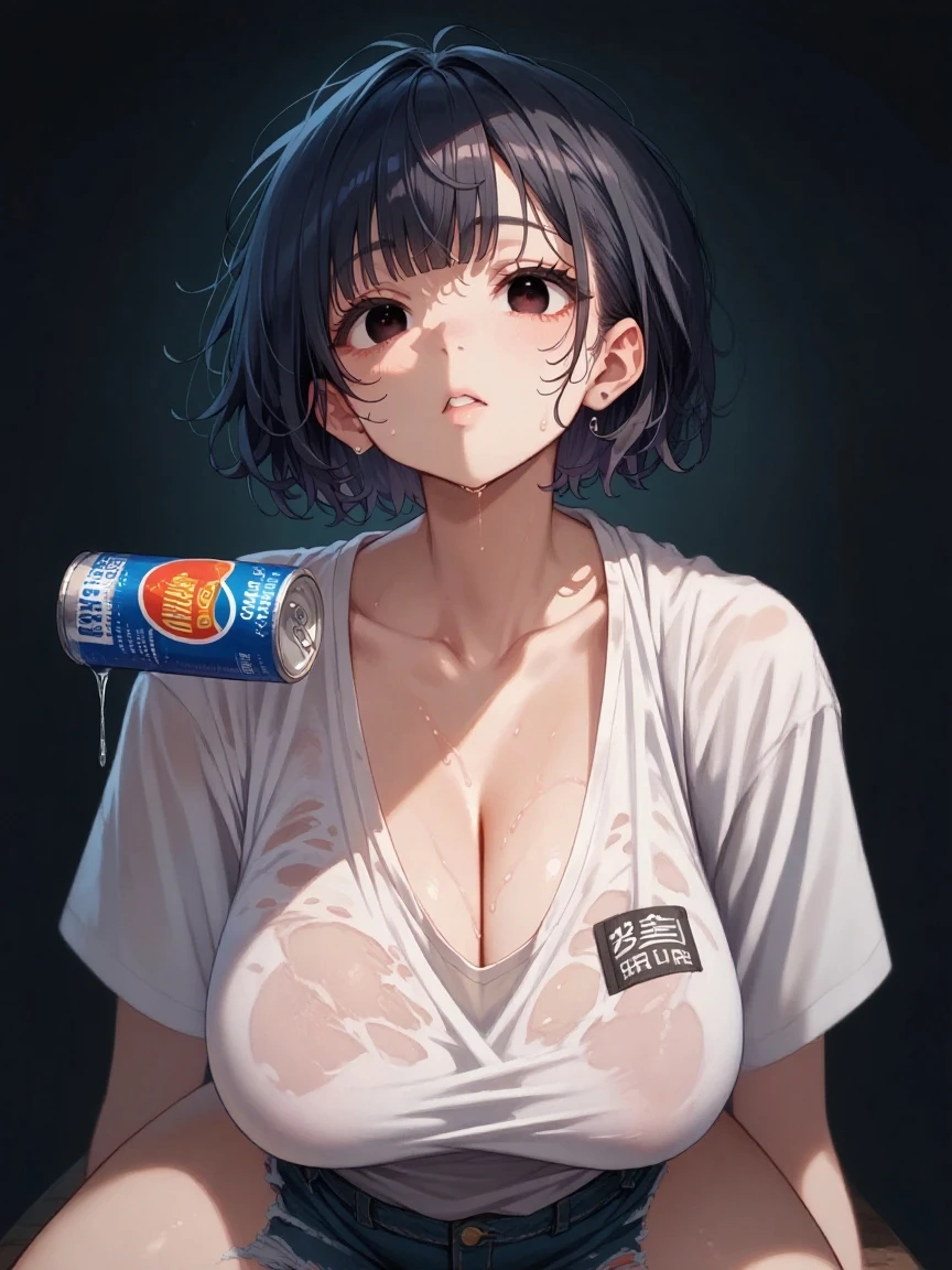 ((Detailed beautiful eyes)),Best Quality,4k,8K,High resolution,Textured Skin,KHD,Best Quality,Lilac gradient hair,Asymmetrical Hair,（（my hair is very thick 1.8，The outline of the hair is clear1.6）），Long curly hair、Short pigtails、 Shiny Hair,Beautiful girls、Upper Body、((、Gazing into the distance、Short sleeve、White clothes、Big Breasts、Large Breasts、Big Tits、Low angle camera、Drink canned juice、))